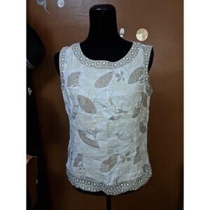NEXT Cream and Tan Floral Linen Blend Sleeveless Tunic Size 12 Big Buttons Zip